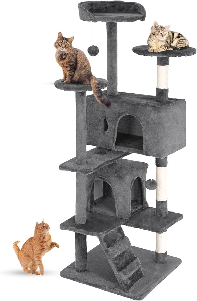 Cat Tree 54In Cat Tower Multi-Level Durable Cat Scratching Post & Cozy Fun Cat Jumping Platform Space Saving Cat Condo Pet Play House for Indoor Cats,Dark Gray