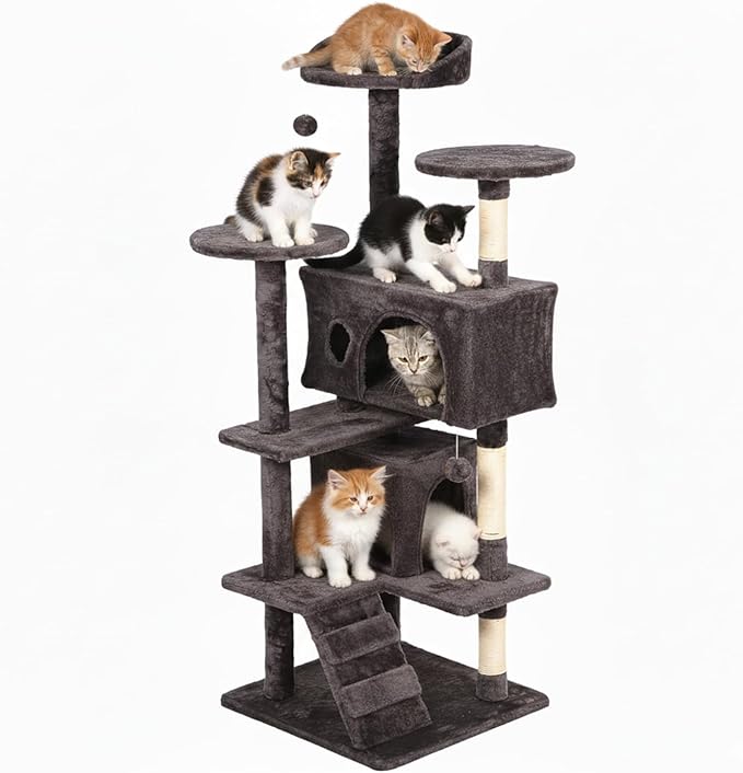 Cat Tree 54In Cat Tower Multi-Level Durable Cat Scratching Post & Cozy Fun Cat Jumping Platform Space Saving Cat Condo Pet Play House for Indoor Cats,Dark Gray