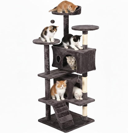 Cat Tree 54In Cat Tower Multi-Level Durable Cat Scratching Post & Cozy Fun Cat Jumping Platform Space Saving Cat Condo Pet Play House for Indoor Cats,Dark Gray