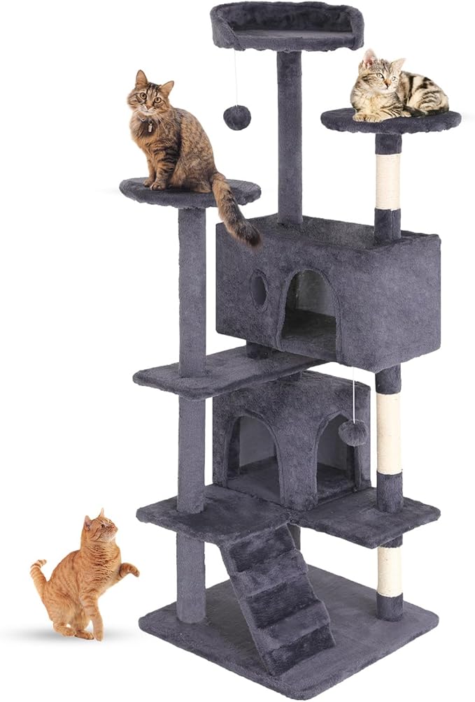 Cat Tree 54In Cat Tower Multi-Level Durable Cat Scratching Post & Cozy Fun Cat Jumping Platform Space Saving Cat Condo Pet Play House for Indoor Cats,Dark Gray