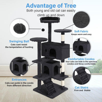 Cat Tree 54In Cat Tower Multi-Level Durable Cat Scratching Post & Cozy Fun Cat Jumping Platform Space Saving Cat Condo Pet Play House for Indoor Cats,Dark Gray